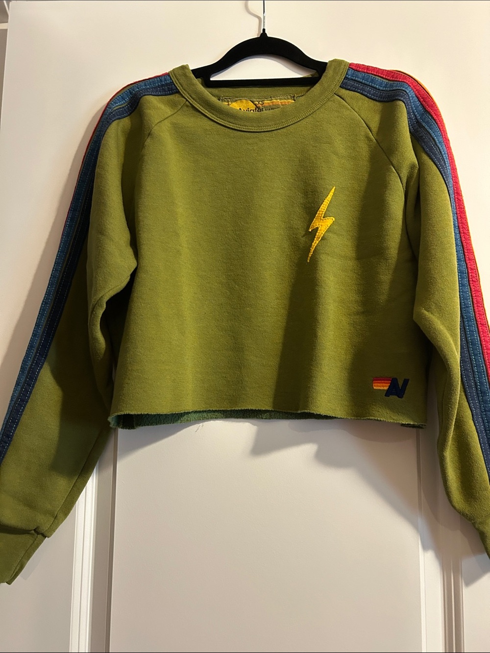 Aviator Nation Olive Green Crop Sweatshirt with Rainbow Stripe Sleeves - Picture 1 of 1
